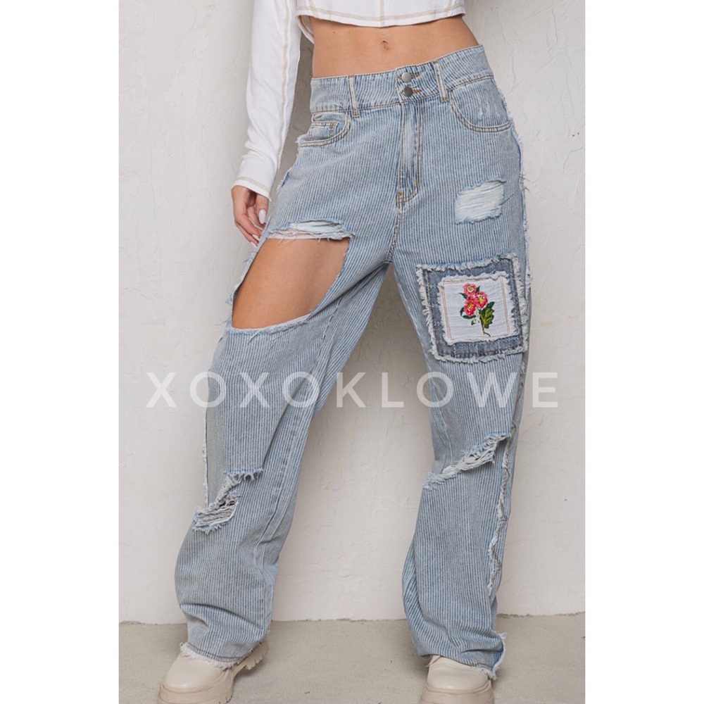 POL Retro 90s Distressed Patchwork Jeans Relaxed Fit - Picture 1 of 16